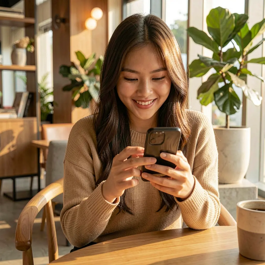 Young Filipino woman smiling while using the PHVVV casino app on her smartphone in a cozy indoor setting