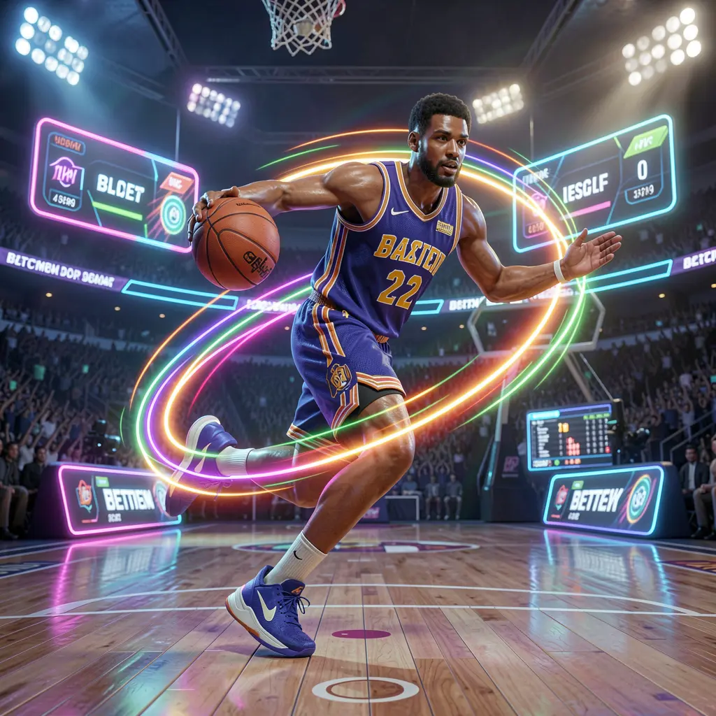 Dynamic neon basketball player in motion with glowing trail and stadium lights representing fast paced sports betting on PHVVV in the Philippines