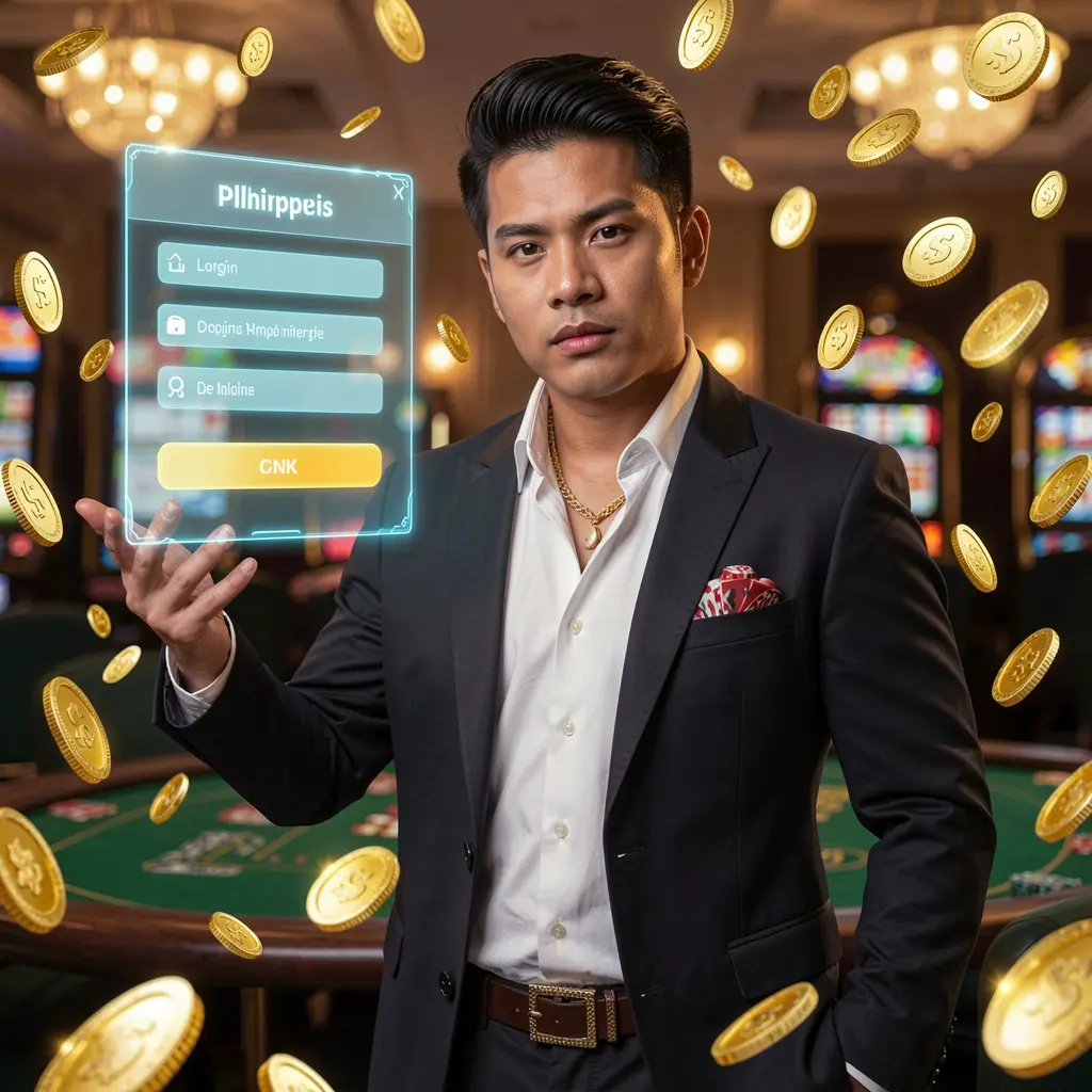 Stylish Filipino casino dealer inside a digital login interface with floating coins highlighting secure access at PHVVV Philippines